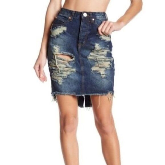NWOT One Teaspoon 2020 High Rise Denim Midi Skirt 24 - Picture 1 of 8